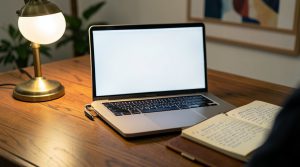 Widok z perspektywy osoby siedzącej przy biurku na laptop i otwarty notes oświetlone lampką biurkową