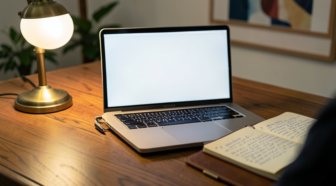 Widok z perspektywy osoby siedzącej przy biurku na laptop i otwarty notes oświetlone lampką biurkową